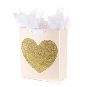 hallmark 13" large gift bag with tissue paper (gold glitter heart) for birthdays, bridal showers, weddings, anniversaries, sweetest day and more