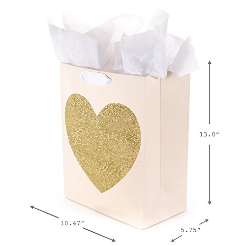 Hallmark 13" Large Gift Bag with Tissue Paper (Gold Glitter Heart) for Birthdays, Bridal Showers, Weddings, Anniversaries, Sweetest Day and More