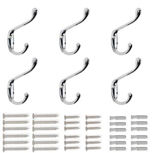 brightmaison 6 pack heavy duty dual 3.5inch coat hooks wall mounted with 24 screws retro double hooks utility black hooks for coat, scarf, bag, towel, key, cap, cup, hat (chrome)