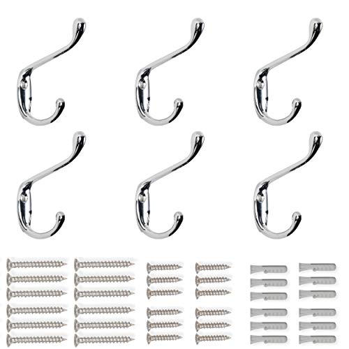 brightmaison 6 Pack Heavy Duty Dual 3.5inch Coat Hooks Wall Mounted with 24 Screws Retro Double Hooks Utility Black Hooks for Coat, Scarf, Bag, Towel, Key, Cap, Cup, Hat (Chrome)