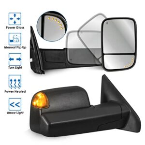 MOSTPLUS Power Heated Towing Mirrors Compatible for 02-09 Ram Flip Up Left Right Pair w/Arrow Light and Turn Signal Light (Set of 2)