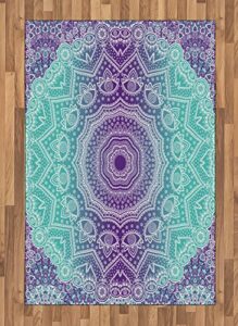 ambesonne purple and turquoise area rug, hippie ombre mandala inner peace and meditation with ornamental art, flat woven accent rug for living room bedroom dining room, 4' x 5.7', purple aqua