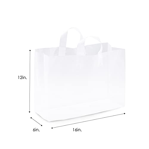 Prime Line Packaging - 16x6x12 Inch 100 Pack Plastic Bags with Handles, Shopping Bags for Small Business, Large Clear Frosted White in Bulk for Boutiques, Retail Stores, Merchandise & Gifts