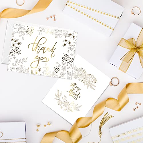 Fresh & Lucky 50 Elegant Thank You Assorted Blank Cards With Envelopes - Classic Multiple Golden and Silver Floral Print Stylish Design on White Thick Paper - Perfect For Weddings, Business Events, Invitations, Memorial Donations, Funeral Contributions, B