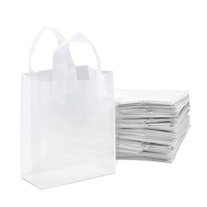 prime line packaging - 8x4x10 inch 100 pack plastic bags with handles, small gift bags, shopping bags for small business, clear frosted white in bulk for boutiques, retail stores, gifts & merchandise