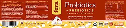 FERA Probiotics for Dogs and Cats - USDA Organic Certified - Advanced Max-Strength Vet Formulated - All Natural Probiotics Powder - Made in The USA - 5 Billion CFUs Per Scoop (Packaging May Vary)