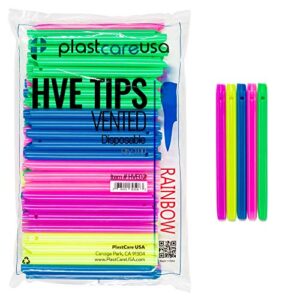 high volume evacuator hve tips - 1000 hve suction tips dental disposable - vented evacuation aspirator tips with smooth edges (rainbow assorted - 10 bags of 100) by plastcare usa