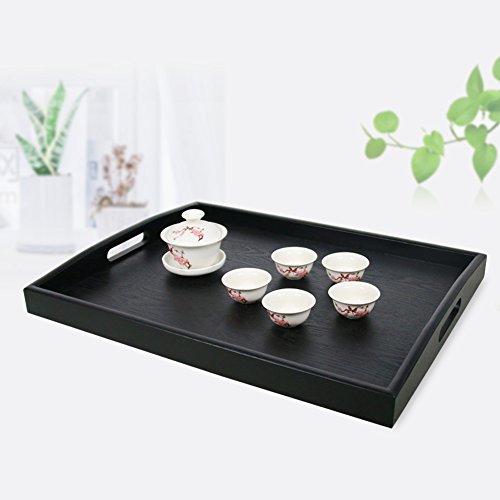 DILLMAN Serving Tray Large Black Wood Rectangle Food Tray Butler Tray Breakfast Tray with Handles (Large)