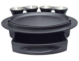 the fajita butler!! patented tortilla drawer, repositionable condiment holders, high temp base (500 degrees), cast iron skillet & (4) stainless steel ramekins. restaurant size and quality.