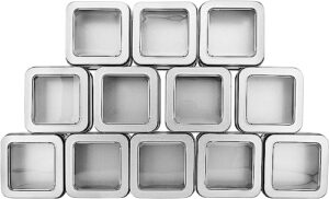 cornucopia square silver metal tins w/view window (12-pack); empty 1/2 cup / 4-ounce capacity clear top metal boxes great for candles, candies, gifts