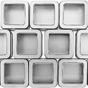 Cornucopia Square Silver Metal Tins w/View Window (12-Pack); Empty 1/2 Cup / 4-Ounce Capacity Clear Top Metal Boxes Great for Candles, Candies, Gifts