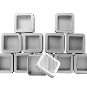 Cornucopia Square Silver Metal Tins w/View Window (12-Pack); Empty 1/2 Cup / 4-Ounce Capacity Clear Top Metal Boxes Great for Candles, Candies, Gifts
