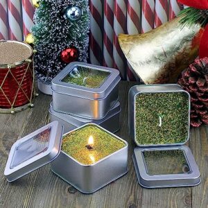 Cornucopia Square Silver Metal Tins w/View Window (12-Pack); Empty 1/2 Cup / 4-Ounce Capacity Clear Top Metal Boxes Great for Candles, Candies, Gifts