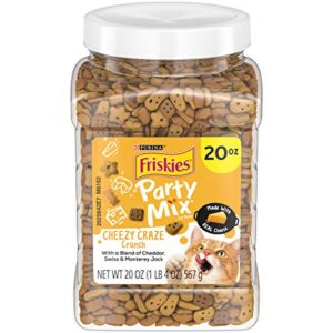 purina friskies made in usa facilities cat treats, party mix cheezy craze crunch - 20 oz. canister