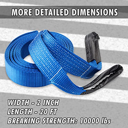 Cartman 2" x 20' Tow Belt Heavy Duty 10,000Lbs Tow Strap Off Road Towing Rope with Reinforced Loops for Recovery Vehicles