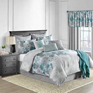 Lanwood Home Claire Cotton 10-Piece Comforter Set, Includes Comforter, Bed Skirt, 2 Standard Shams, 2 Euro Shams, 3 Throw Pillows & Throw Blanket, Teal Floral, King