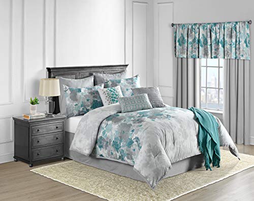 Lanwood Home Claire Cotton 10-Piece Comforter Set, Includes Comforter, Bed Skirt, 2 Standard Shams, 2 Euro Shams, 3 Throw Pillows & Throw Blanket, Teal Floral, King