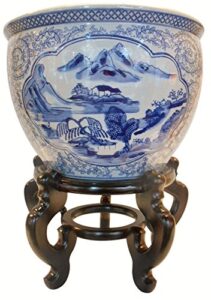 oriental furnishings blue and white porcelain garden pots painted landscape (12" w x 9" h/inside rim 9.25/base 8.5)