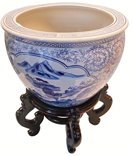 Oriental Furnishings Blue and White Porcelain Garden Pots Painted Landscape (12" W x 9" H/Inside Rim 9.25/Base 8.5)