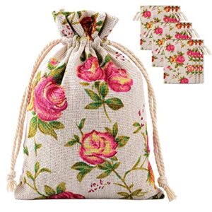 pangda 30 pieces small size rose drawstring bags burlap flower pouch bags linen gift bags jewelry pouches for wedding diy craft party (3.9 x 5.3 inch)