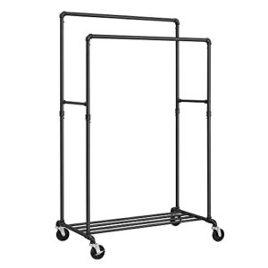 songmics heavy duty clothes rack, industrial pipe clothing rack with shelf, double rod garment rack on wheels, commercial grade, for hanging clothes, storage display, black uhsr60b