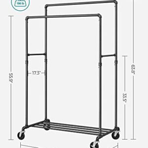 SONGMICS Heavy Duty Clothes Rack, Industrial Pipe Clothing Rack with Shelf, Double Rod Garment Rack on Wheels, Commercial Grade, for Hanging Clothes, Storage Display, Black UHSR60B