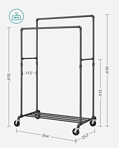 SONGMICS Heavy Duty Clothes Rack, Industrial Pipe Clothing Rack with Shelf, Double Rod Garment Rack on Wheels, Commercial Grade, for Hanging Clothes, Storage Display, Black UHSR60B