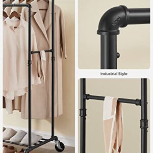 SONGMICS Heavy Duty Clothes Rack, Industrial Pipe Clothing Rack with Shelf, Double Rod Garment Rack on Wheels, Commercial Grade, for Hanging Clothes, Storage Display, Black UHSR60B