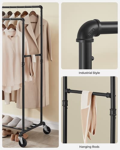 SONGMICS Heavy Duty Clothes Rack, Industrial Pipe Clothing Rack with Shelf, Double Rod Garment Rack on Wheels, Commercial Grade, for Hanging Clothes, Storage Display, Black UHSR60B