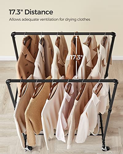 SONGMICS Heavy Duty Clothes Rack, Industrial Pipe Clothing Rack with Shelf, Double Rod Garment Rack on Wheels, Commercial Grade, for Hanging Clothes, Storage Display, Black UHSR60B