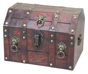 antique wooden pirate chest with lion rings