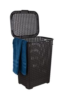 superio laundry hamper basket with easy open lid 60 liter brown, large wicker hamper, dirty cloths storage with two cutout handles, laundry room bin 1.70 bushel