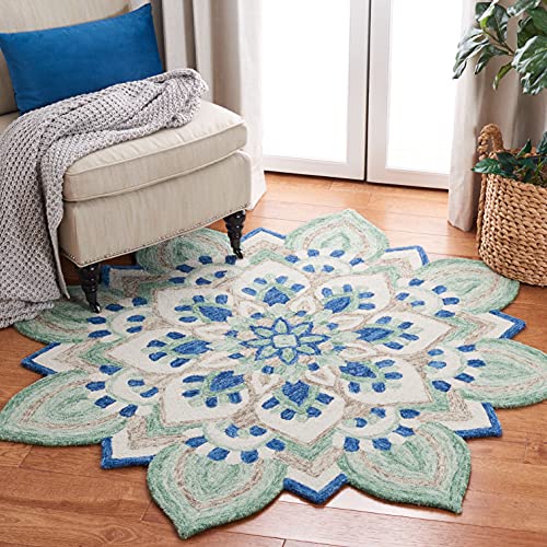 Safavieh Novelty Collection 5' Round Blue/Ivory NOV105M Handmade Boho Flower Premium Wool Area Rug