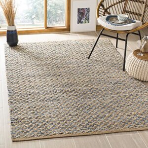 safavieh cape cod collection accent rug - 4' x 6', blue & natural, handmade boho braided jute, ideal for high traffic areas in entryway, living room, bedroom (cap305m)