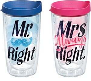 tervis mr. right and mrs. always right tumbler with wrap and assorted lid 2 pack 16oz, clear