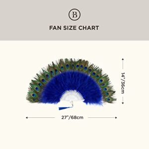 BABEYOND Roaring 20s Vintage Style Peacock & Black Marabou Feather Fan Flapper Accessories (Blue-White Rib)