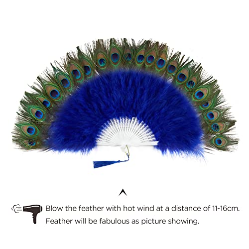 BABEYOND Roaring 20s Vintage Style Peacock & Black Marabou Feather Fan Flapper Accessories (Blue-White Rib)
