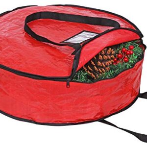 ProPik Christmas Wreath Storage Bag 24" - Garland Holiday Container with Tear Resistant Material - Featuring Heavy Duty Handles and Transparent Card Slot - 24” X 7” (Red)