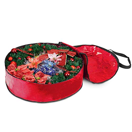 ProPik Christmas Wreath Storage Bag 24" - Garland Holiday Container with Tear Resistant Material - Featuring Heavy Duty Handles and Transparent Card Slot - 24” X 7” (Red)