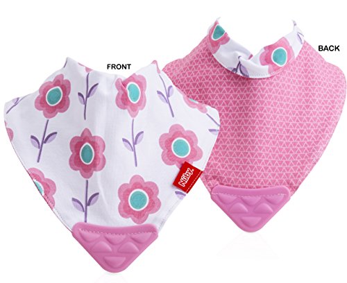 Nuby Reversible 2 Piece Teething Bib, Pink Flower, Aqua Butterfly, 3 mo +