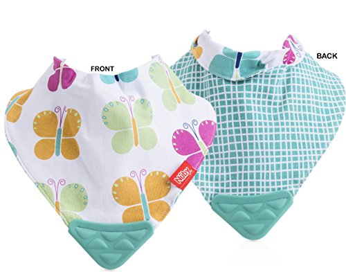 Nuby Reversible 2 Piece Teething Bib, Pink Flower, Aqua Butterfly, 3 mo +