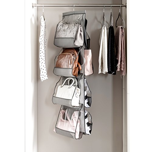 Zober Hanging Purse Organizer For Closet Clear Handbag Organizer For Purses, Handbags Etc. 8 Easy Access Clear Vinyl Pockets With 360 Degree Swivel Hook, Gray, 48” L x 13.8” W