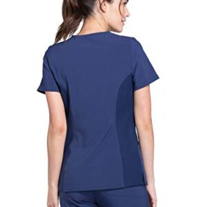 Cherokee Women Mock Wrap Contemporary Fit Scrubs Top with Stretchy Knit Panel CK680, XL, Navy