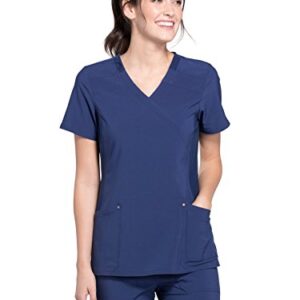 Cherokee Women Mock Wrap Contemporary Fit Scrubs Top with Stretchy Knit Panel CK680, XL, Navy