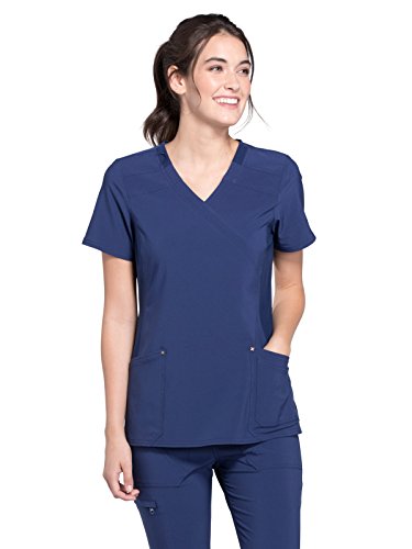 Cherokee Women Mock Wrap Contemporary Fit Scrubs Top with Stretchy Knit Panel CK680, XL, Navy