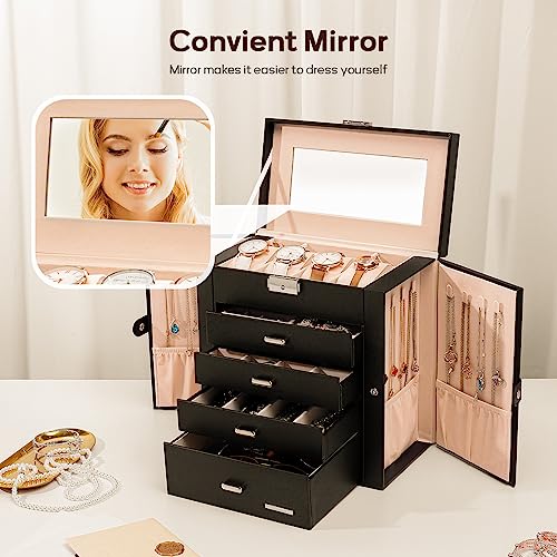 Homde Synthetic Leather Huge Jewelry Box Mirrored Watch Organizer Necklace Ring Earring Storage Lockable Gift Case (Black)