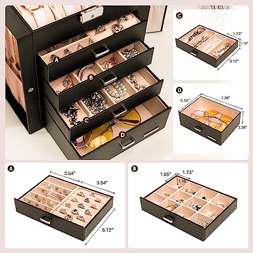 Homde Synthetic Leather Huge Jewelry Box Mirrored Watch Organizer Necklace Ring Earring Storage Lockable Gift Case (Black)