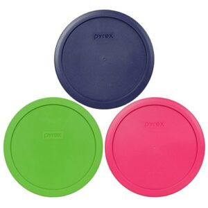 pyrex 7402-pc 6/7 cup (1) green, (1) blue, & (1) fuchsia pink round plastic storage lid, made in usa