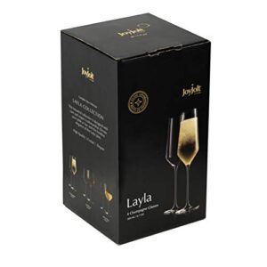 JoyJolt Champagne Flutes – Layla Collection Crystal Champagne Glasses Set of 4 – 6.7 Ounce Capacity – Ideal for Home Bar, Special Occasions – Made in Europe