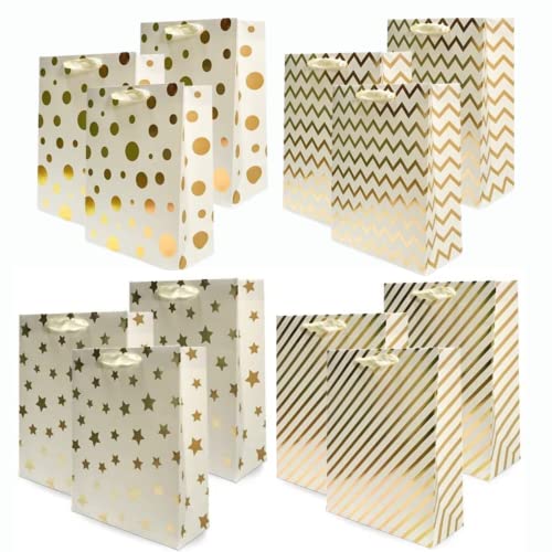 UNIQOOO 12PCS Metallic Gold Christmas Gift Bags Bulk with Handle, Large 12.5 x10 Inch, Assorted Modern Geometric Paper Gift Wrap Bags, For Valentines Day Holiday Birthday Wedding Gift Packaging Decor